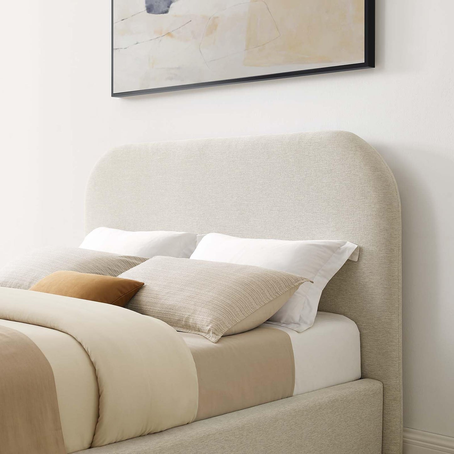 Modway Keynote Modern King Size Bed Frame with Curve Shaped Headboard in Heathered Weave Ivory, Woven Heathered Fabric Upholstery, King Size Platform Bed, Soft Cloud Bed Frame, No Box Spring Needed