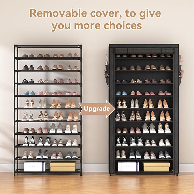 ROJASOP 10 Tier Shoe Rack with Covers, Large Capacity Stackable Tall Shoe Shelf