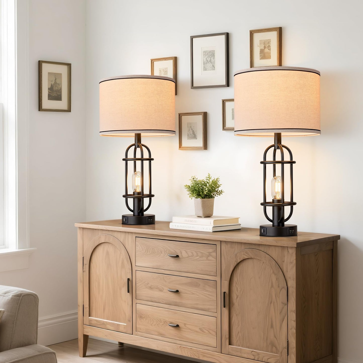 Reaketon Black Table Lamps for Living Room Set of 2, 22.3" Farmhouse Lamps for Nightstand, Industrial Table Lamps for Bedroom with USB Ports, Bulbs Included