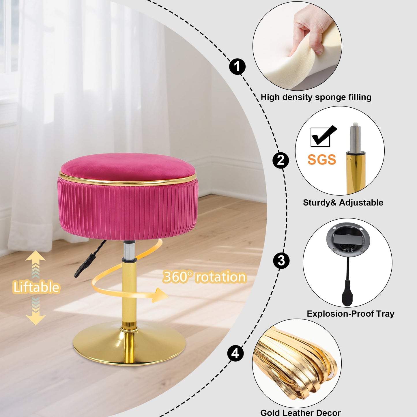 MRITWAII Adjustable Vanity Stool with Storage, 360° Swivel Makeup Stool Chair Small Velvet Round Ottoman with Gold Base for Bedroom (Hot Pink)