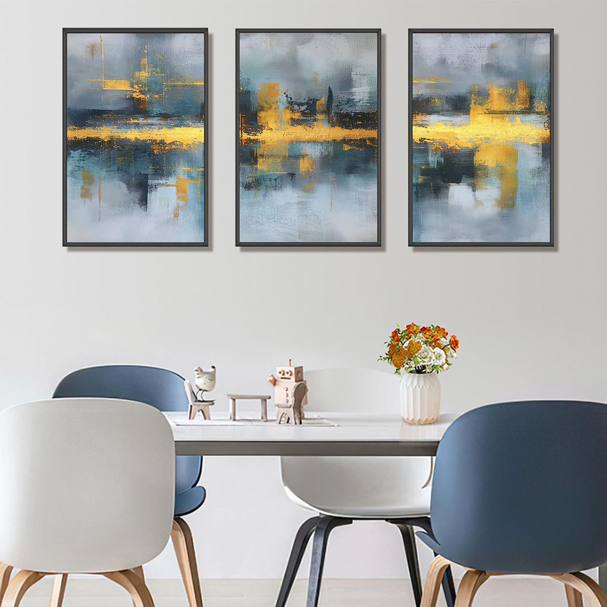 Blue and Gold Abstract Wall Art Set of 3, Modern Framed Canvas Wall Art 16x24 Inch, Luxury Abstract Landscape Wall Painting for Living Room Bedroom Office, Metal Frame Ready to Hang