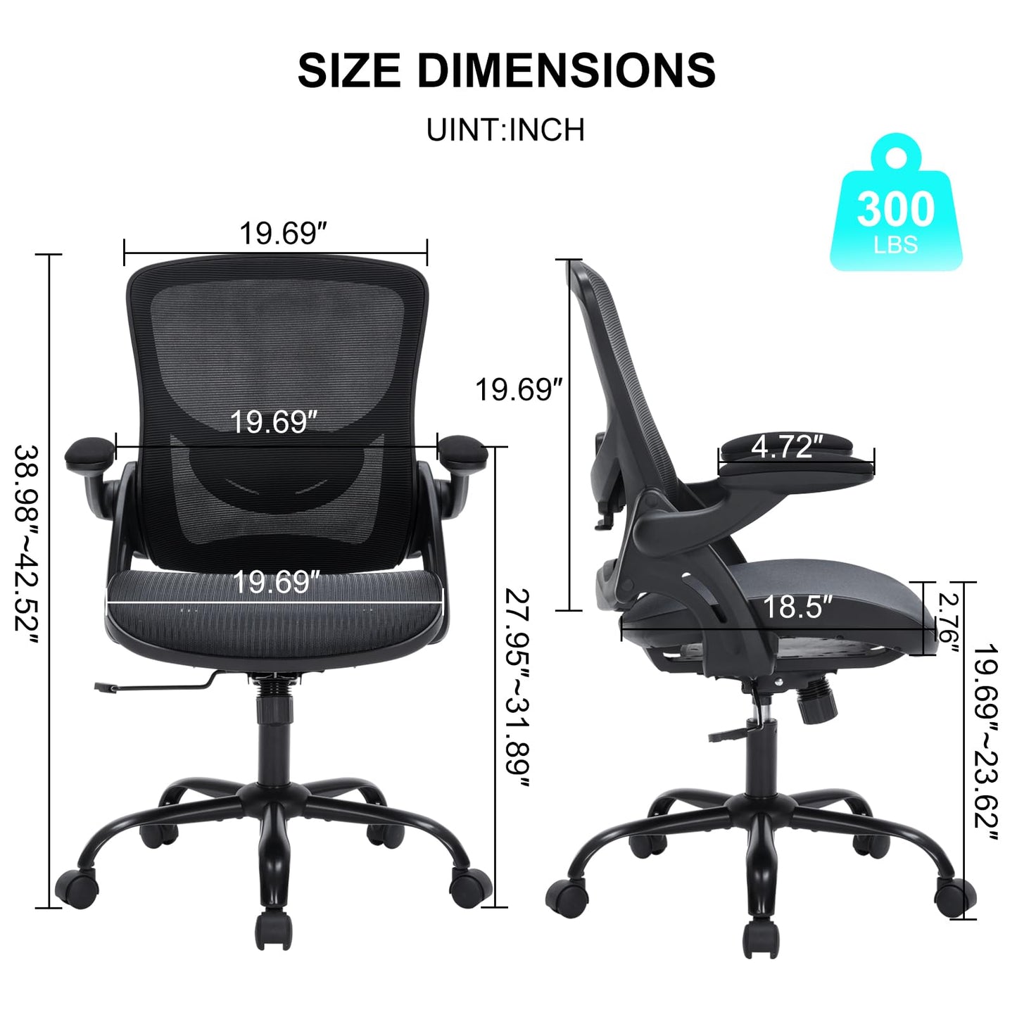 Ergonomic Office Chair with Flip-up Arms, Space Saving Mesh Desk Chair with Adjustable Lumbar Support & Headrest, Breathable Executive Computer Chair, Heavy Duty Swivel Task Chair 300LBS
