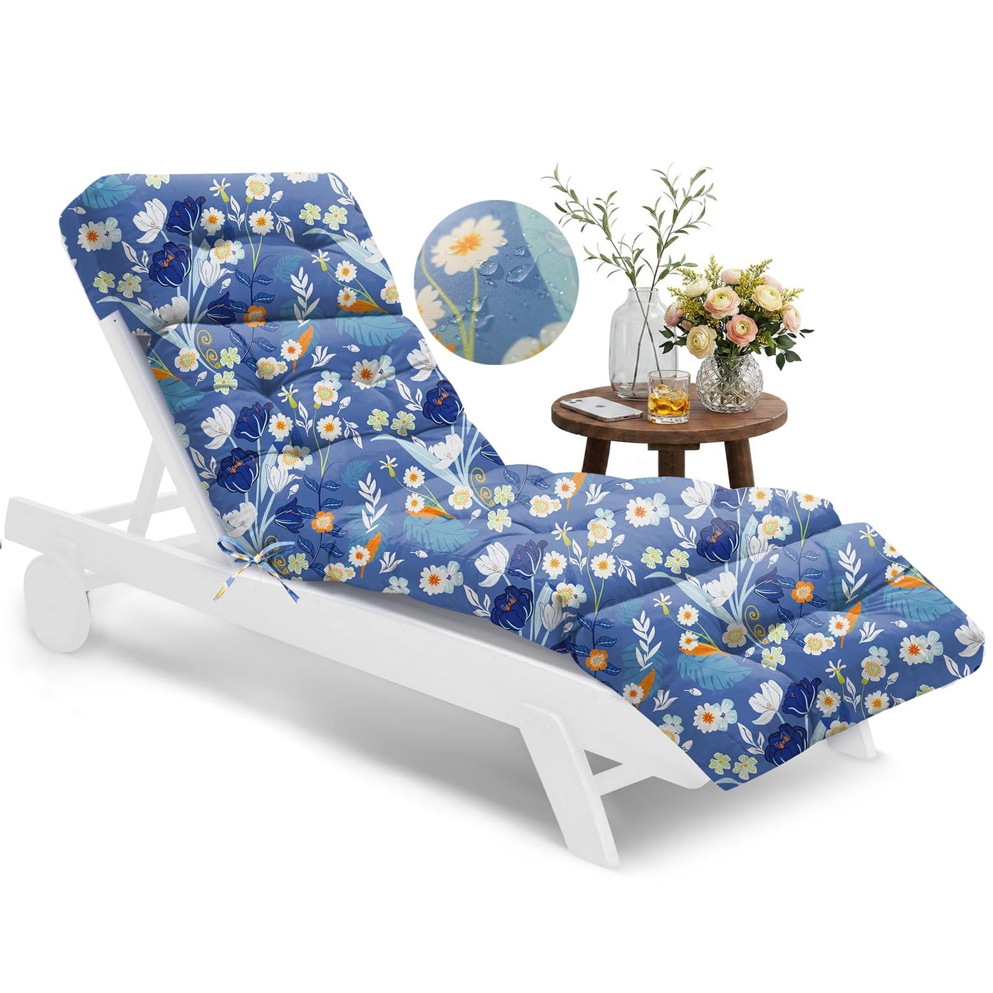 Tycdiose Waterproof Outdoor Chaise Lounge Chair Cushion 74.4 x 22 x 4.7 Inches Memory Foam Lounge Chair Cushions for Outdoor Furniture with Ties, Thickened Pool Lounge Chair Cushion, Blue Floral