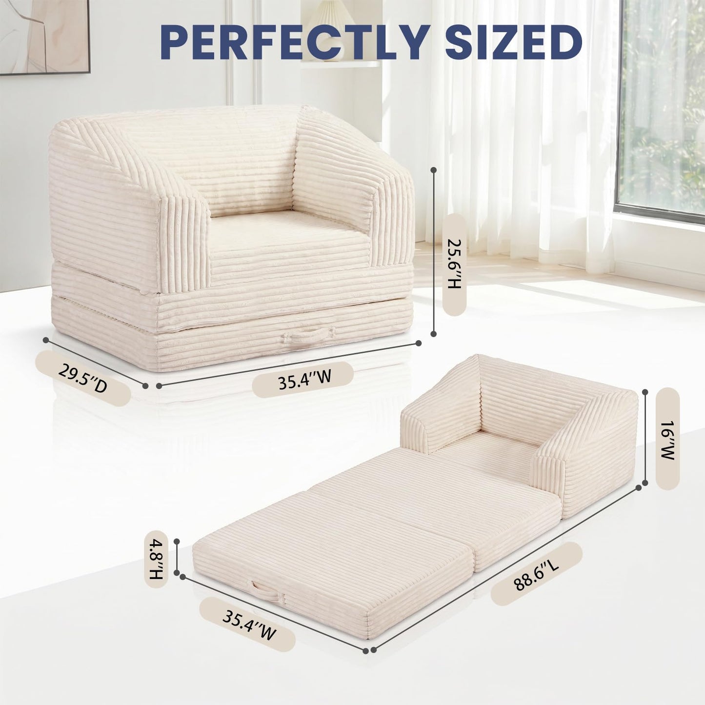 AOLVDOW Convertible Folding Sofa Bed, 2-in-1 Single Boneless Sofa with Soft Corduroy & Ultra-Thick Backrest, Foldable Boneless Chair Lounger Sleeper Sofa for Small Apartment, Living Room, Home Office