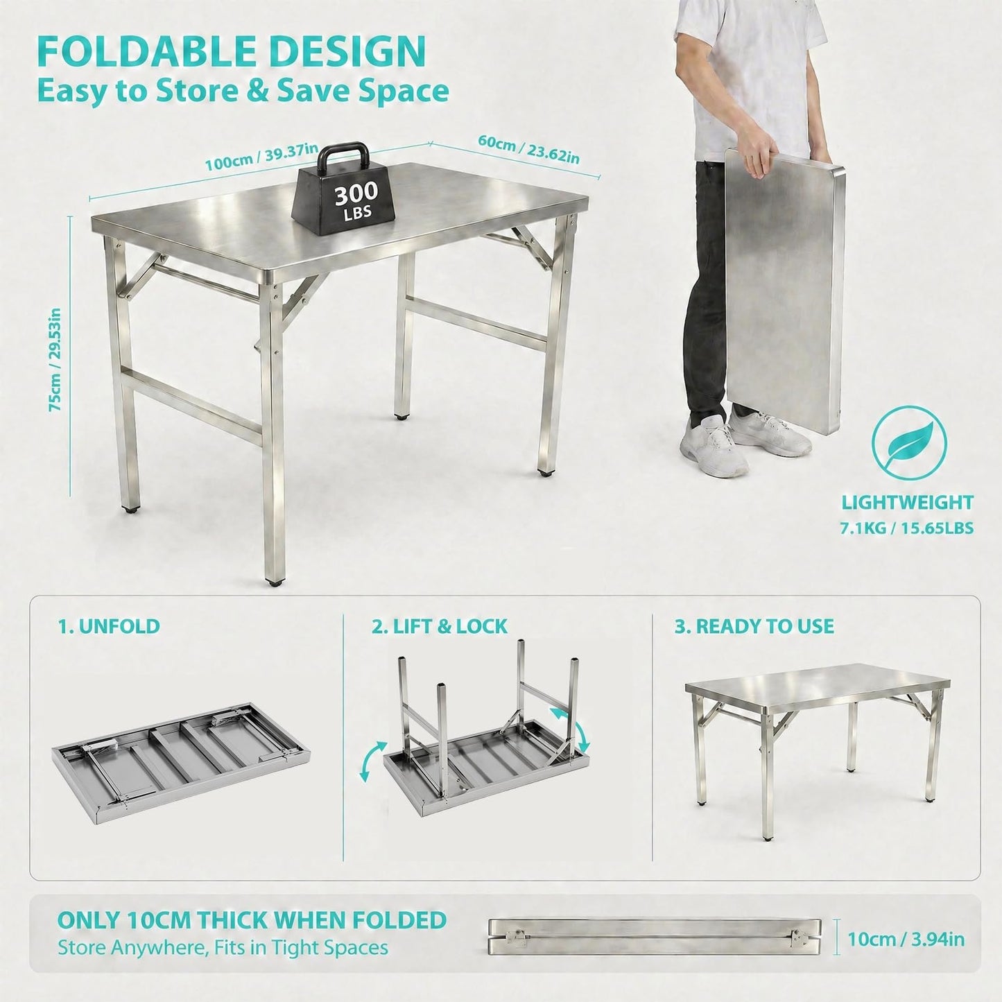 Yixhua Portable Stainless Steel Metal Folding Table 40" x 24" Heavy Duty Kitchen Prep Table No-Assembly Rectangular Stainless Steel Work Table for Kitchen Garage,Workshop,Outdoor BBQ