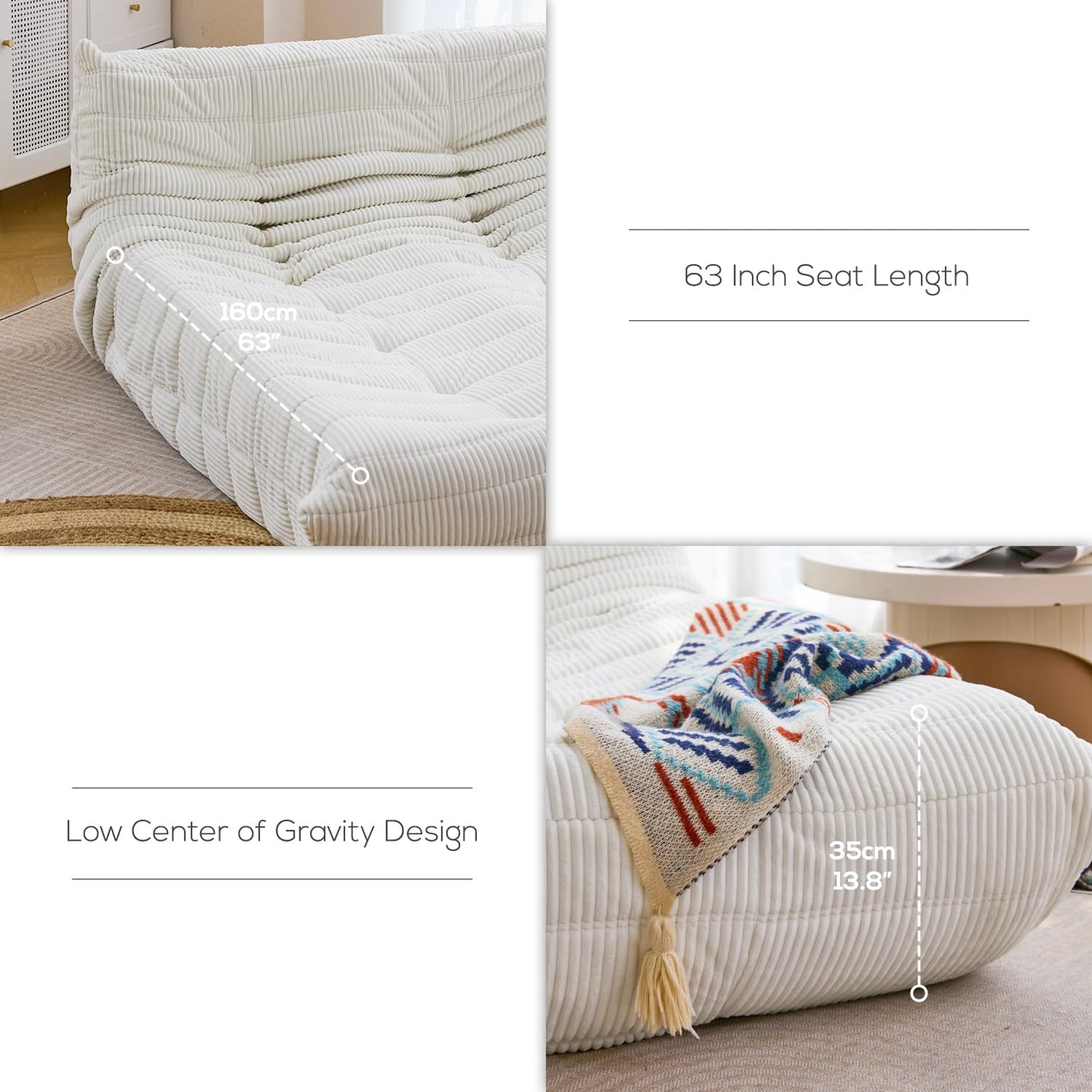 N&V Fireside Lounge Chaise Chair, Mid Century Armless Floor Lounger Sofa, Soft Premium Corduroy Floor Lounge Chair, Foam Sofa Accent Lounger for Living Room Bedroom and Office, Ivory