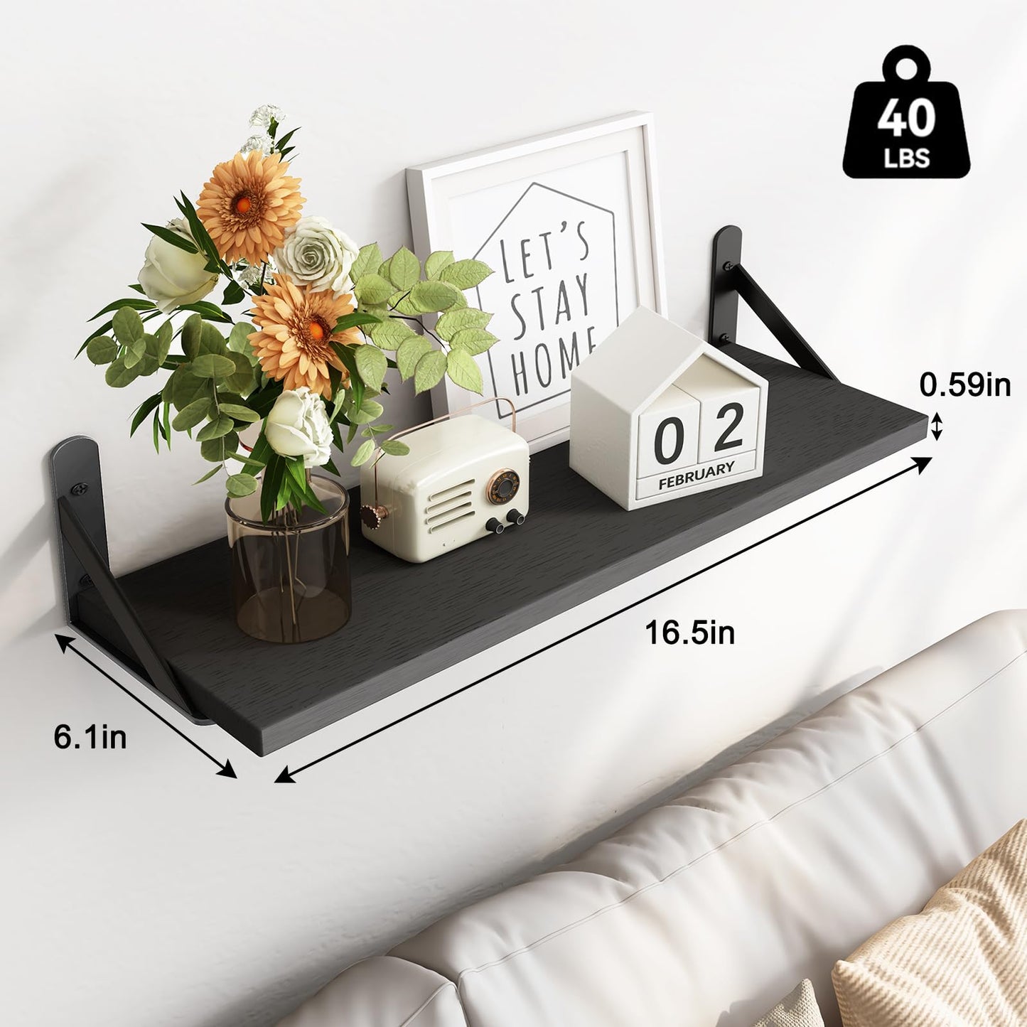 Fixwal Black Shelves for Wall, Wood Wall Mounted Floating Shelves for Bedroom, Bathroom, Living Room, Kitchen Storage and Decor(Black, Set of 3, 16.5 Inch)
