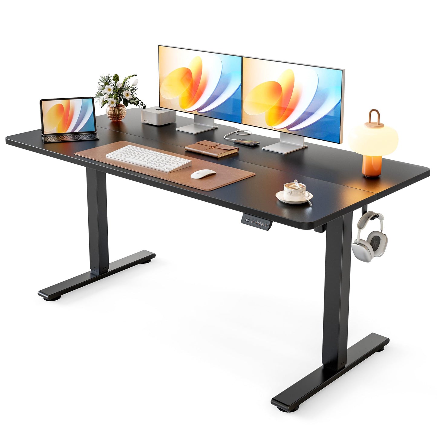 Cubiker Standing Desk, 55x28 Inches Sit Stand Home Office Desk, Electric Stand up Desk, Adjustable Desk with Splice Board, Black Frame/Black Top