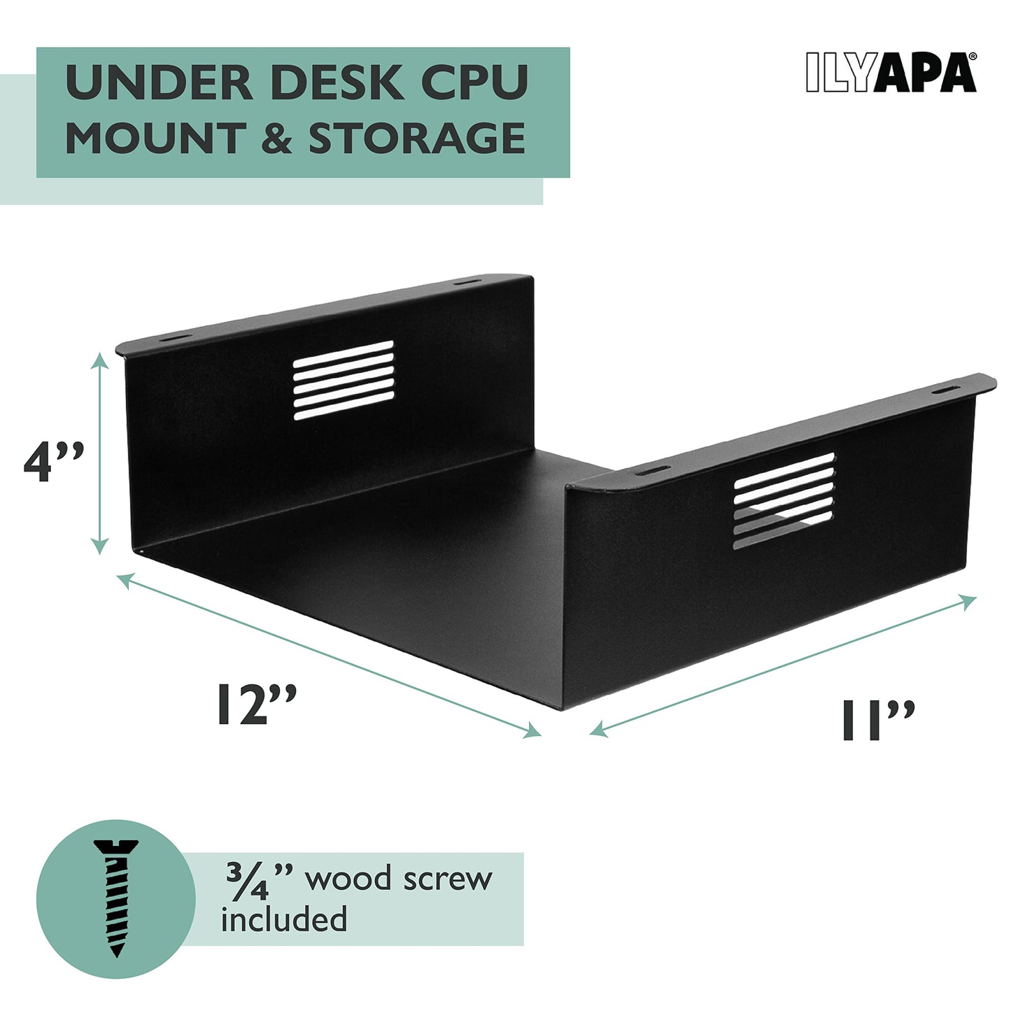 Ilyapa Under Desk CPU Mount, Steel Under Desk Computer Mount Vented Sides, PC Wall Storage, Laptop Stand, Shelf for Office Storage, 4x12x11 Inches