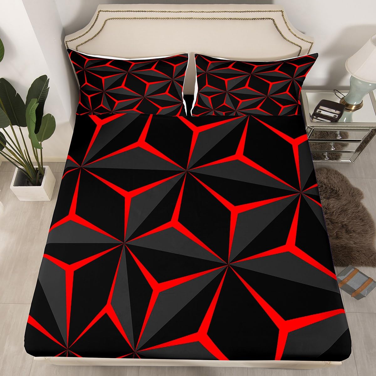 Feelyou Neon Honeycomb Sheet Set Twin Size,Geometric Stereoscopic Theme Teens Boys Bedding Set,Adults Bedroom Decoration 3D Red Print Fitted Sheet All Season