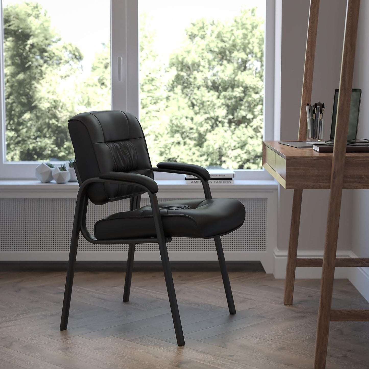Flash Furniture Haeger Black LeatherSoft Executive Side Reception Chair with Titanium Gray Powder Coated Frame