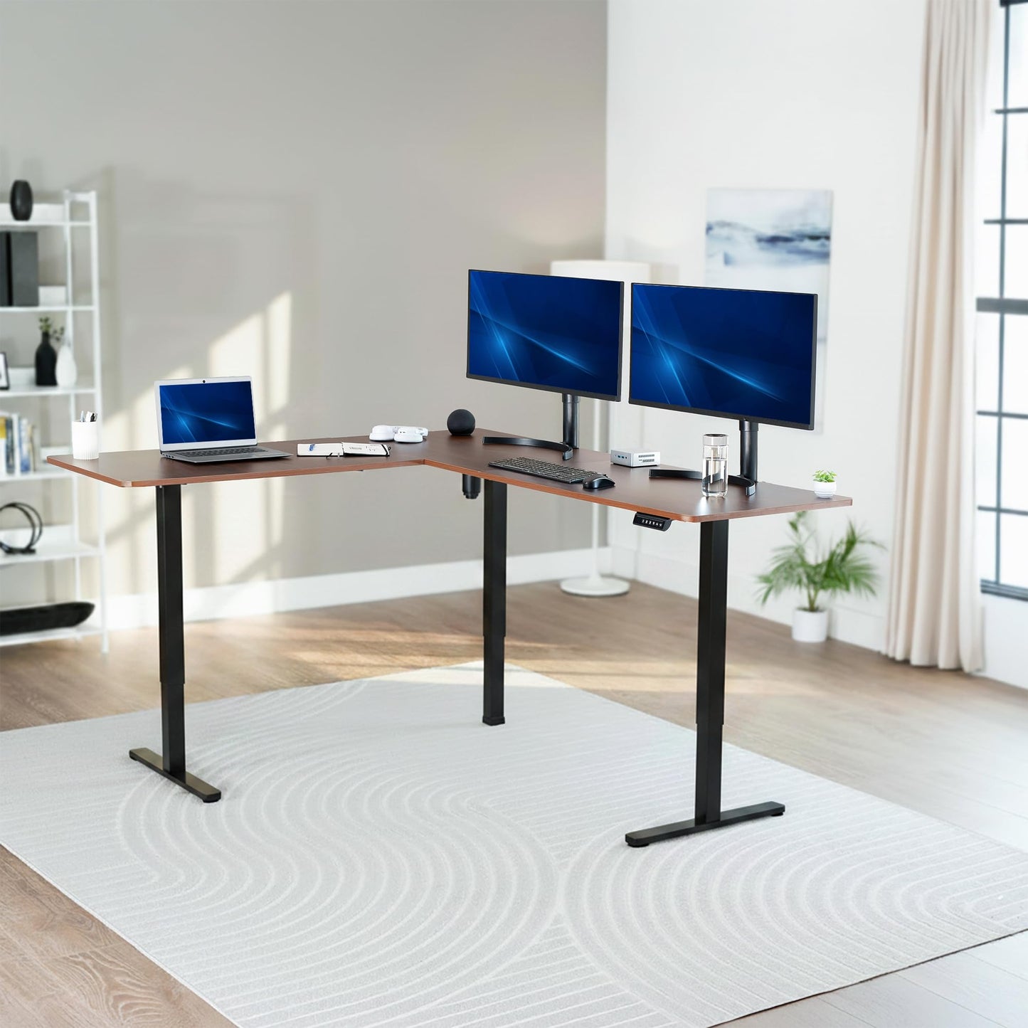 VIVO Corner Standing Desk, 75 x 63 inch Reversible L-Shaped Workstation, Electric Height Adjustment, Home, Office, and Reception Rooms, Dark Walnut Table Top Black Frame, DESK-E3CTD-75