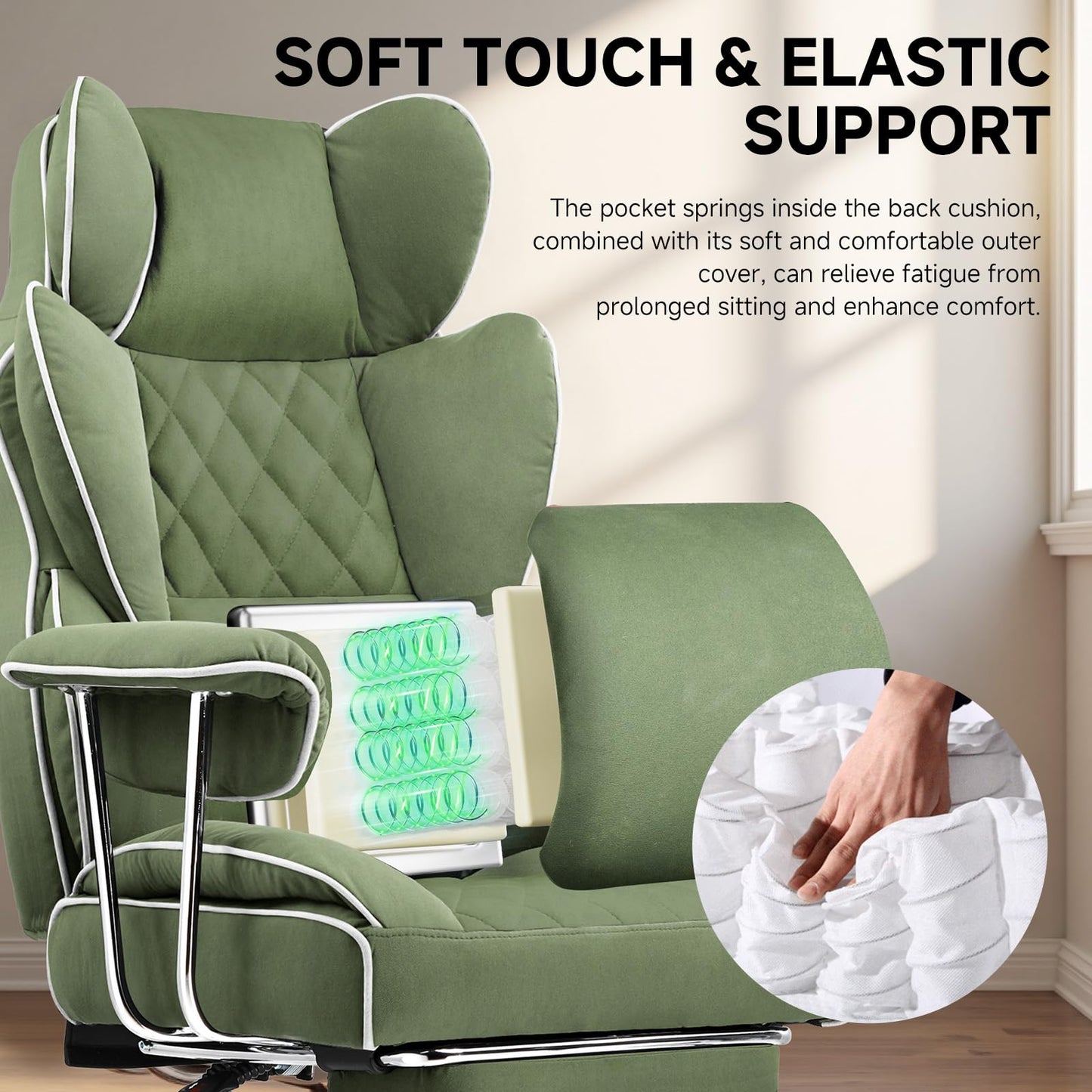 COMHOMA Big and Tall Gaming Chair with Pocket Spring Lumbar Support, Ergonomic Office Chair with Footrest, Executive Desk Chair with Outward Fixed Soft Armrests, Computer Chair with High Back, Green