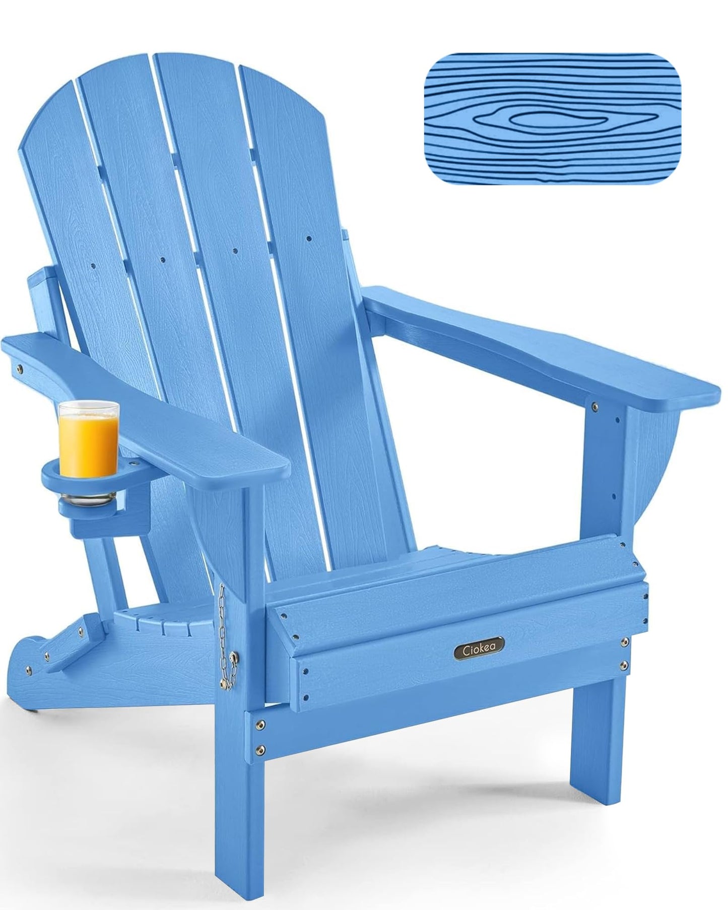 Ciokea Folding Adirondack Chair Wood Texture, Patio Adirondack Chair Weather Resistant, Plastic Fire Pit Chair with Cup Holder, Lawn Chair for Outdoor Porch Garden Backyard Deck, Baby Blue