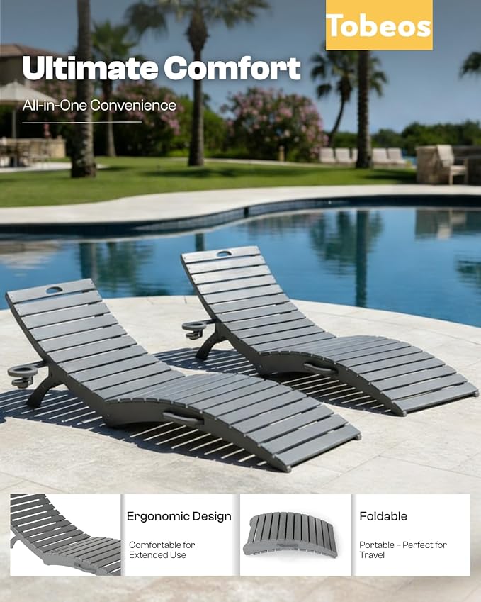 Folding HDPE Pool Lounge Chairs Set of 6, Pre-Assembled Outdoor Chaise Lounge