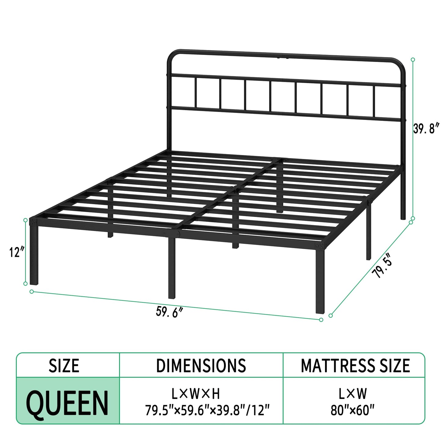 Ziguxiao Queen Bed Frame with Classic Headboard,Strong Metal Slats Support,Under Bed Storage Space,No Box Spring Needed,Easy to Assemble,Black