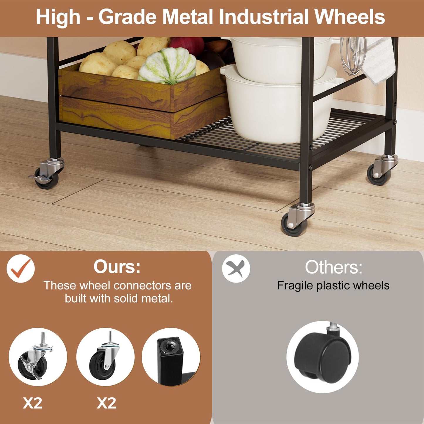 XIVIRACK 3-Tier Kitchen Cart with Adjustable Shelves - Microwave Storage Cart & Utility Rolling Organizer, Industrial Wheels for Small Spaces, 15.7"x23.6"x33.7" Kitchen Office Living Room Metal Rack