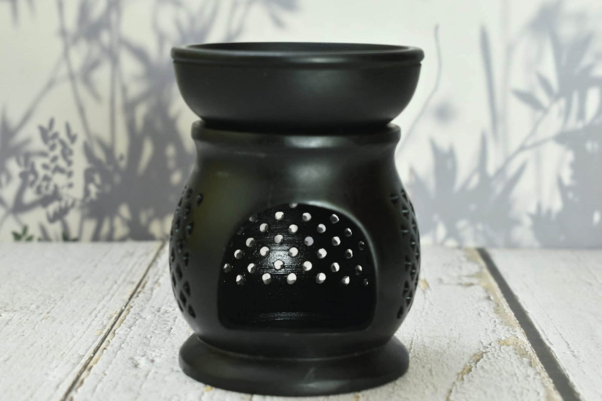 Oil Burner Aroma Diffuser|Soapstone Tea Light Holder|Black Hand Carved Jali Work|Soapstone|for Aromatherapy- 5 inch (Design 1)