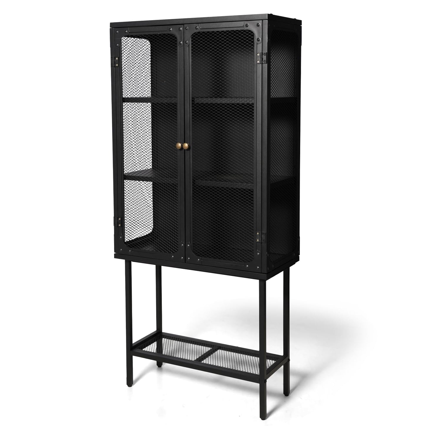 LOKKHAN Industrial Metal Display Cabinet, Black Mesh Door Storage Unit with Retro Handles, 59.1 x 27 x 12.6 Inch Tall Standing Shelving, Magnetic Holders, Adjustable Feet