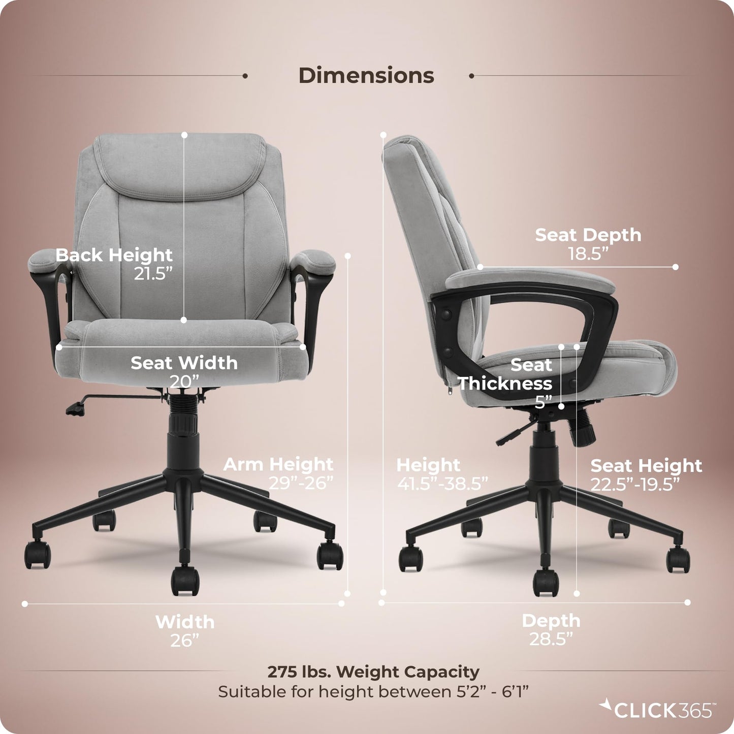 Click365 Transform 1.0 Ergonomic Office Chair, Mid Back Desk Chair with Padded Arms, Lumbar Support, Adjustable Height, Tilt Recline, Swivel Computer Chair, Fabric, Light Grey
