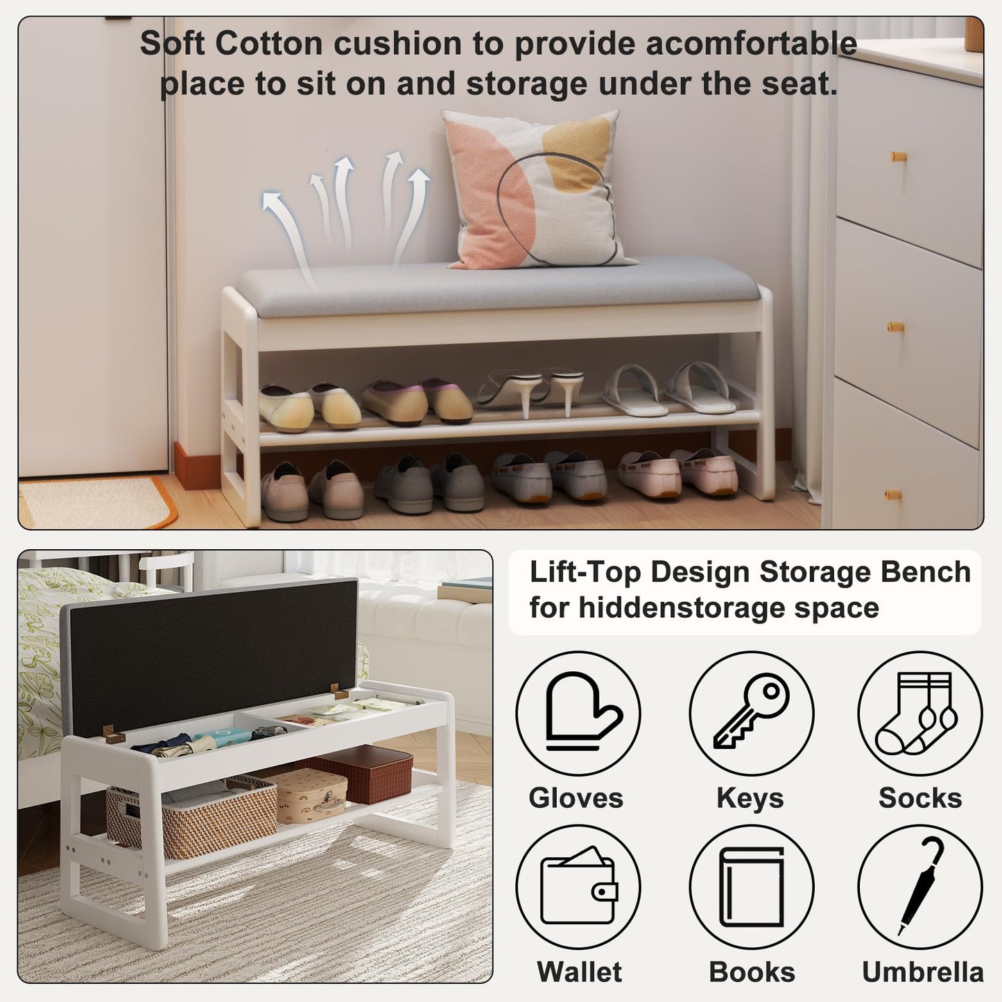 AQIMUELE Shoe Rack Bench,2 Tiers Shoe Bench with Storage with Flip-Top,Wood Shoe Rack for Entryway,Hallway（White Upholstered Seat,11.8" D x 39.3" W x 15.7" H）