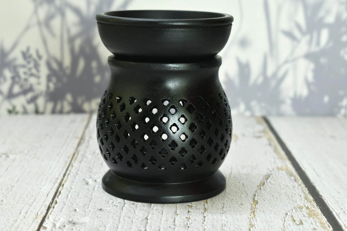 Oil Burner Aroma Diffuser|Soapstone Tea Light Holder|Black Hand Carved Jali Work|Soapstone|for Aromatherapy- 5 inch (Design 1)