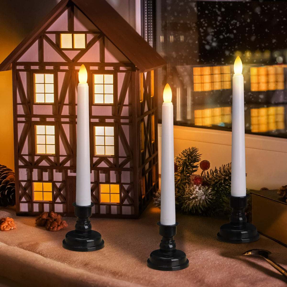 FREEPOWER Set of 6 Flameless Window Taper Candles with 6PCS Black Base, Battery Operated FlickeringTaper Candle with Remote and 4H/6H Timer,for Christmas Home Wedding Decor..