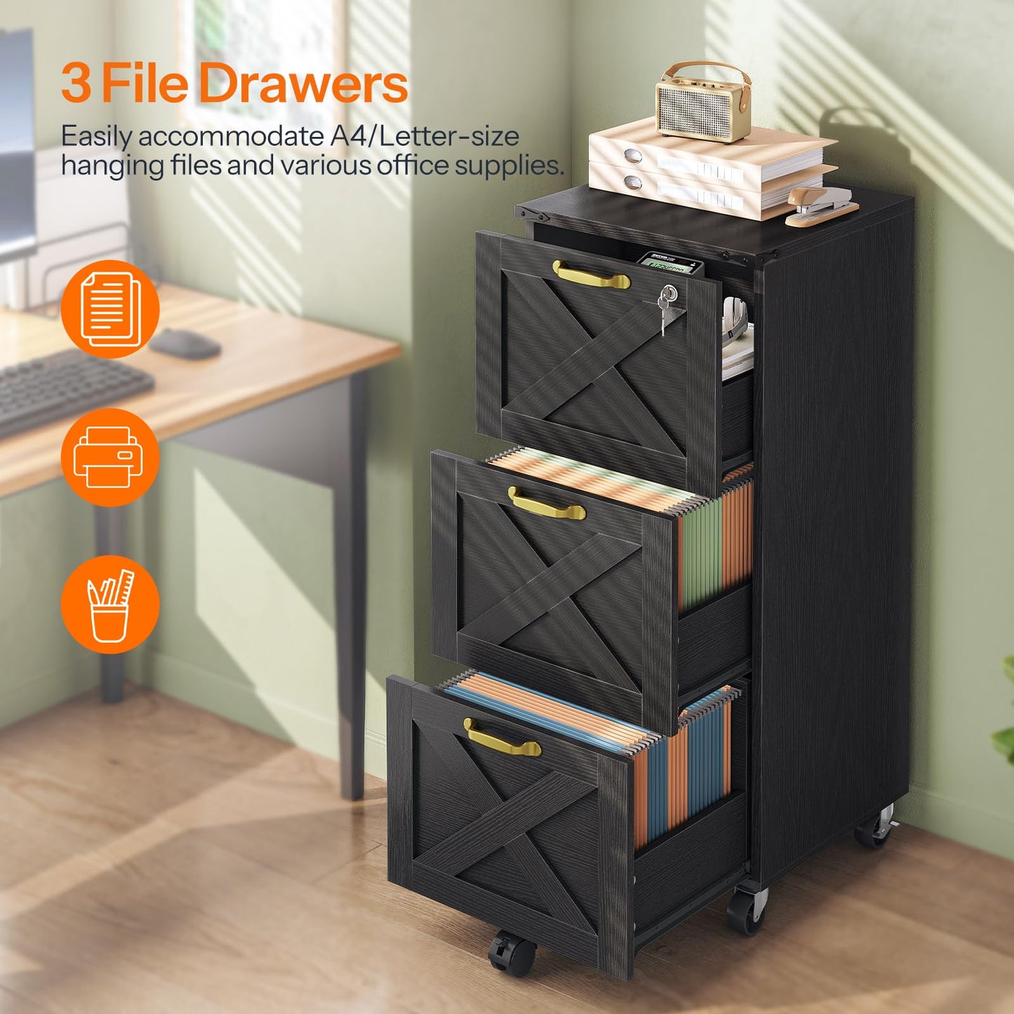 HOOBRO 3 Drawer File Cabinet with Lock, Mobile Filing Cabinet for Home Office, Wooden Farmhouse Office Storage Cabinet, Printer Stand Fits Letter and A4 Size, Black BK93WJ01