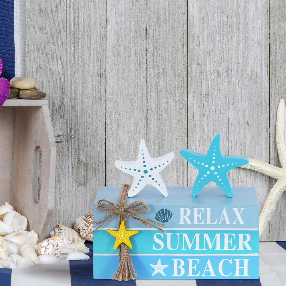 DECSPAS Beach Summer Table Decor, Starfish Wooden Stacked Books Sign for Ocean Tiered Tray Decorations, Coastal Nautical Shelf Table Centerpiece for Home, Room, Mantel, Tabletop, Farmhouse Gift