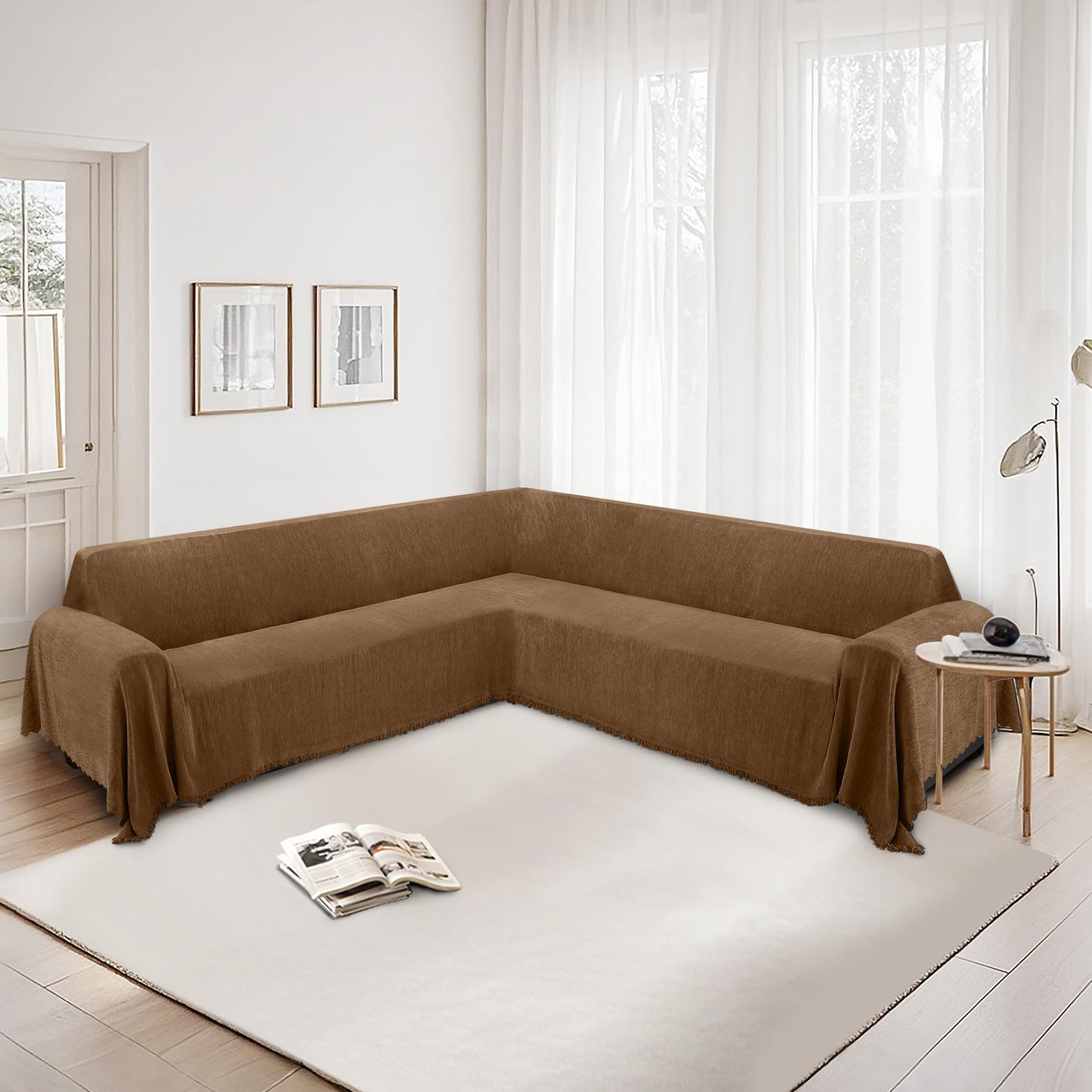 HDCAXKJ Corner Sectional Couch Covers for Dogs L Shape Sofa Cover with Tassel Chenille Super Soft Non Slip U Shaped Couch Cover Blanket Washable Sectional Slipcover Protector (Brown, 71x252 inch)