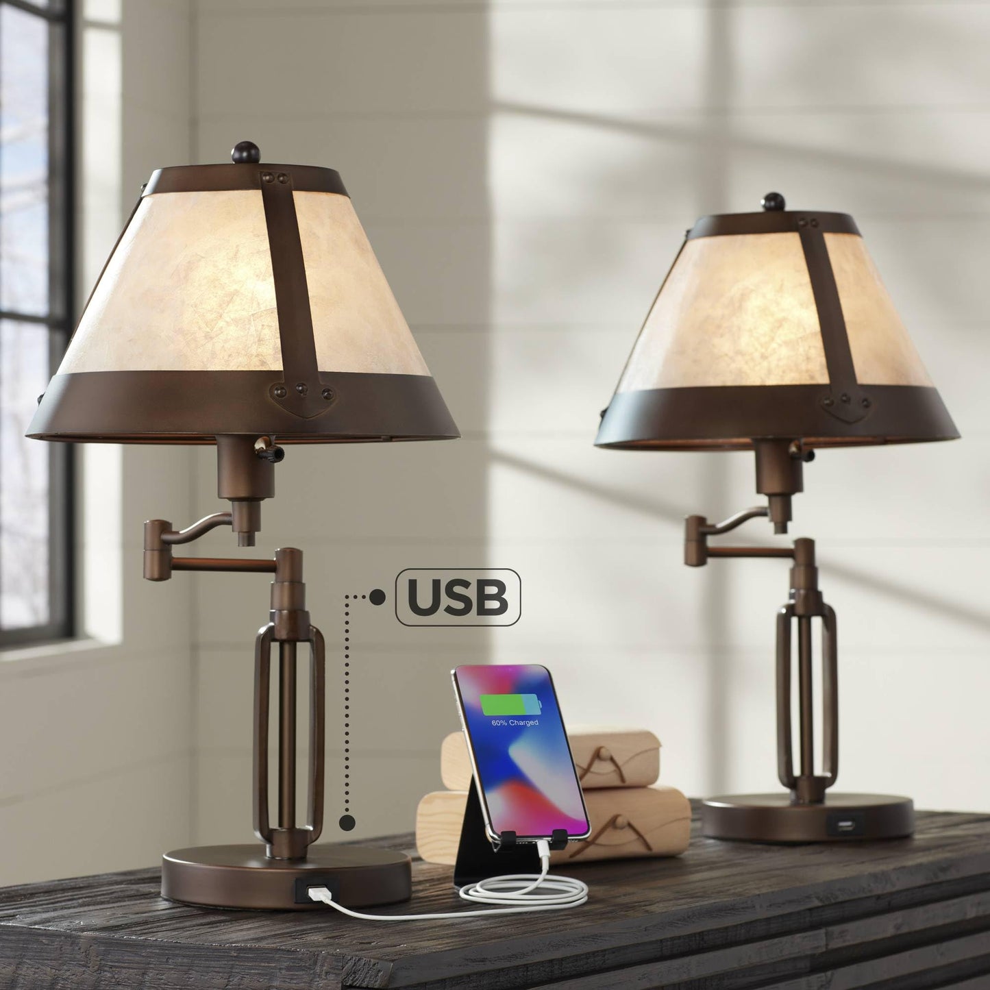 Franklin Iron Works Samuel Rustic Industrial Desk Table Lamps with USB Charging Port 21 1/4" High Set of 2 Bronze Swing Arm Mica Shade for Bedroom Living Nightstand Bedside Office Kids Room House
