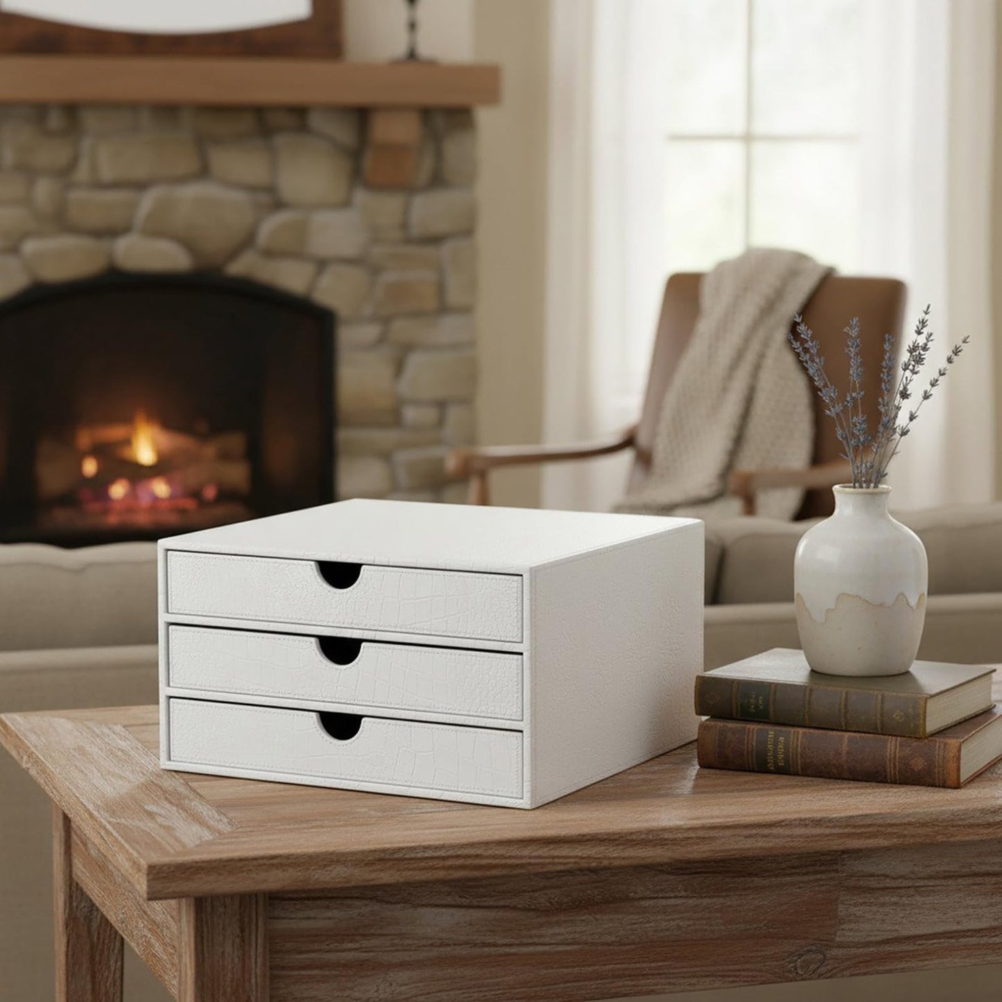 UnionBasic Document Organizer, 3-Drawer File Cabinet Document Storage Box, Office Desktop Filing Organizer, Croco White