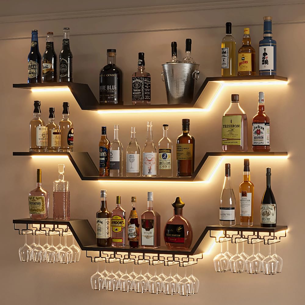 ZAOBAS Wall Mounted Wine Rack with LED Lights, 3-Tier Floating Bar Shelves, Hanging Liquor & Wine Glass Rack for Home Bar, Cafe, Dining Room Decor (Black, 39.4" W)