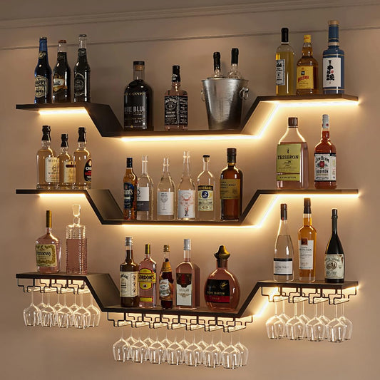 ZAOBAS Wall Mounted Wine Rack with LED Lights, 3-Tier Floating Bar Shelves, Hanging Liquor & Wine Glass Rack for Home Bar, Cafe, Dining Room Decor (Black, 39.4" W)
