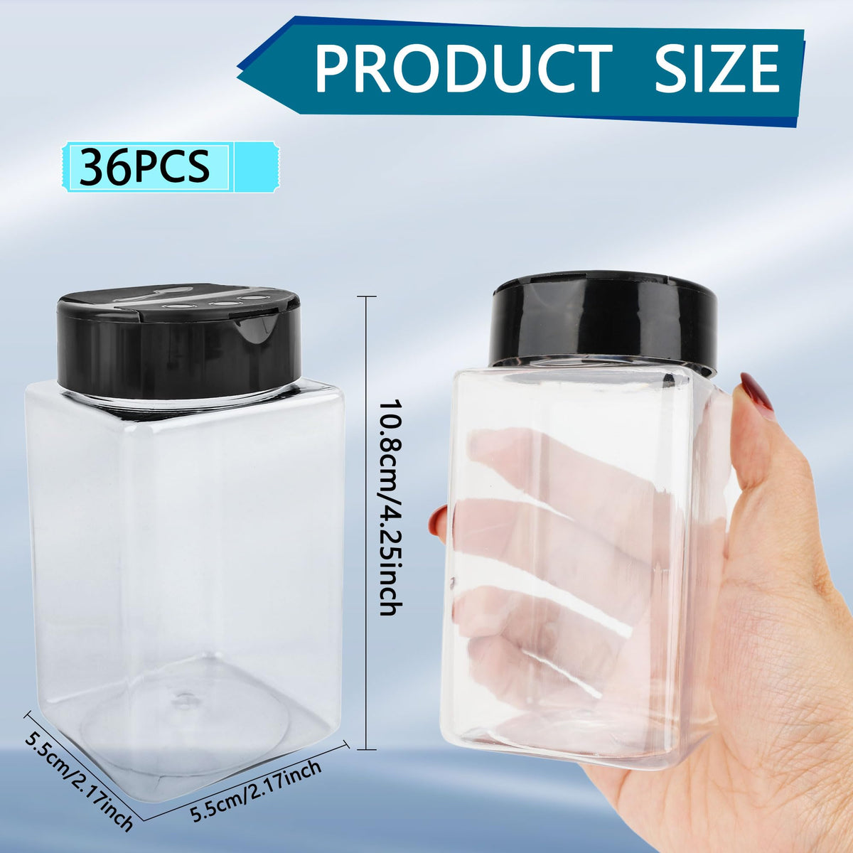 Conagel 36 Pack 9 oz Square Plastic Spice Jars with Black Lids Empty Seasoning Containers Plastic Storage Spice Bottles for Kitchen Peppers Salt
