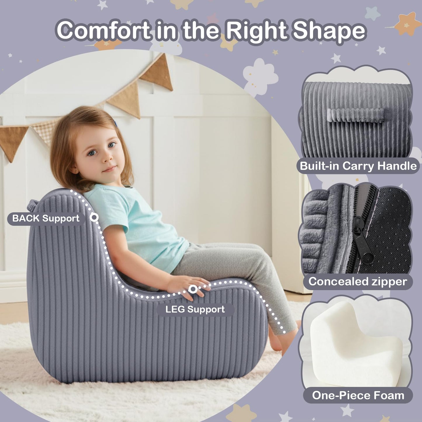 DAICO Kids Bean Bag Chair Ultra-Soft Toddler Bean Bag Sofa with Handle, Small Toddler Reading Chairs Comfy Lazy Lounger Foam for Playroom or Bedroom - Birthday Gift for Boys and Girls, Grey