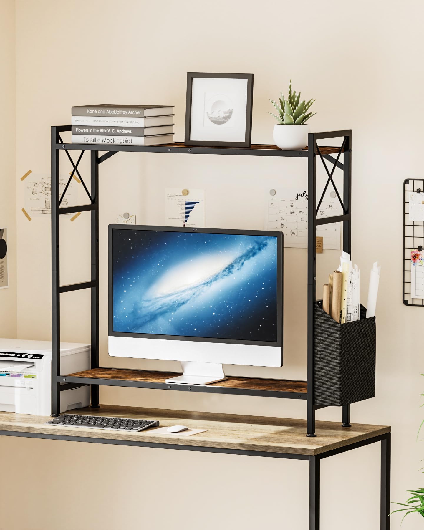 LAND·VOI Desk Shelf, 2 Tires Desktop Bookshelf, 31.9 Inchs Desk Hutch for Computer Monitor, Wood Desktop Display Rack, Adjustable Height Desk Organizer Shelf, for Home, Office, Dorm, Black EDS11BR01