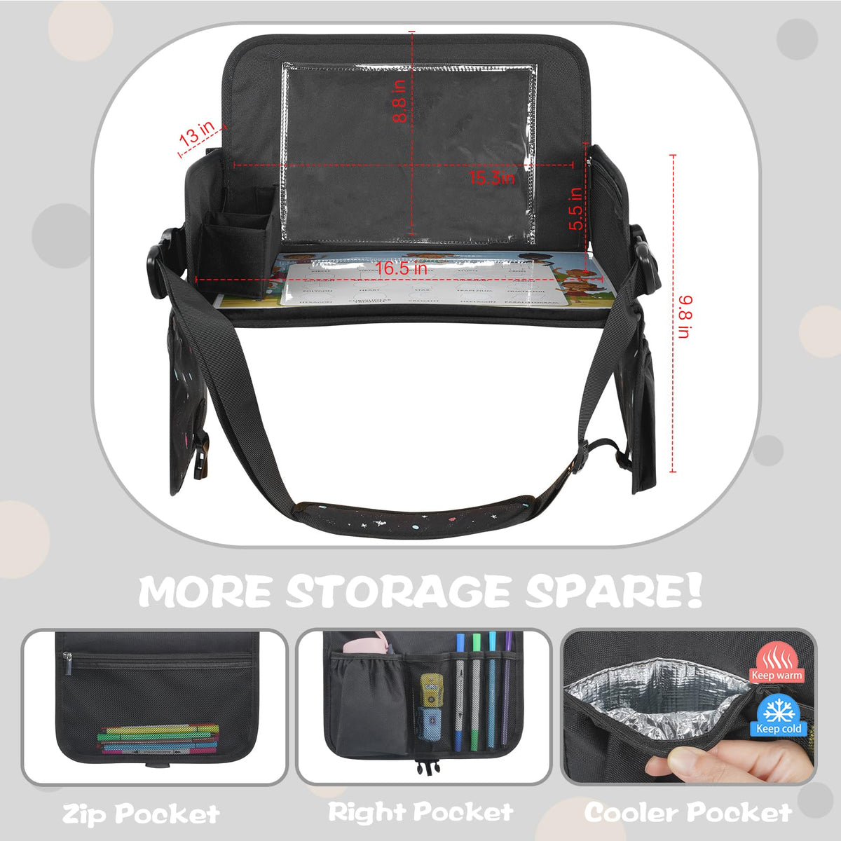 MENZOKE Kids Travel Tray, Road Trip Activities for Kids with Dry Erase Board & Cooler Cup Holder, Toddler Car Activities with No-Drop iPad Holder Stand, Roadtrip Essentials for Toddlers, Black