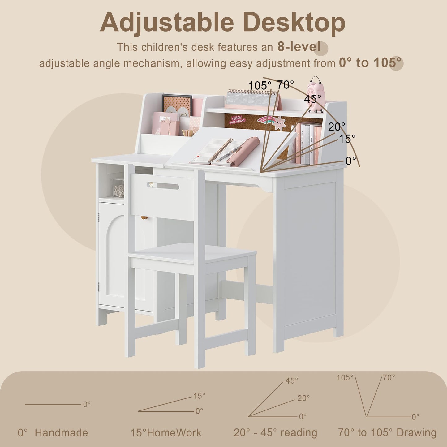 Treocho Kids Study Desk and Chair Set, Kids Desk with Hutch and Tiltable Desktop for 3-8 Years Old, Wooden Children Study Table with Storage Cabinet, Student Writing Desks Bedroom, Home School, White