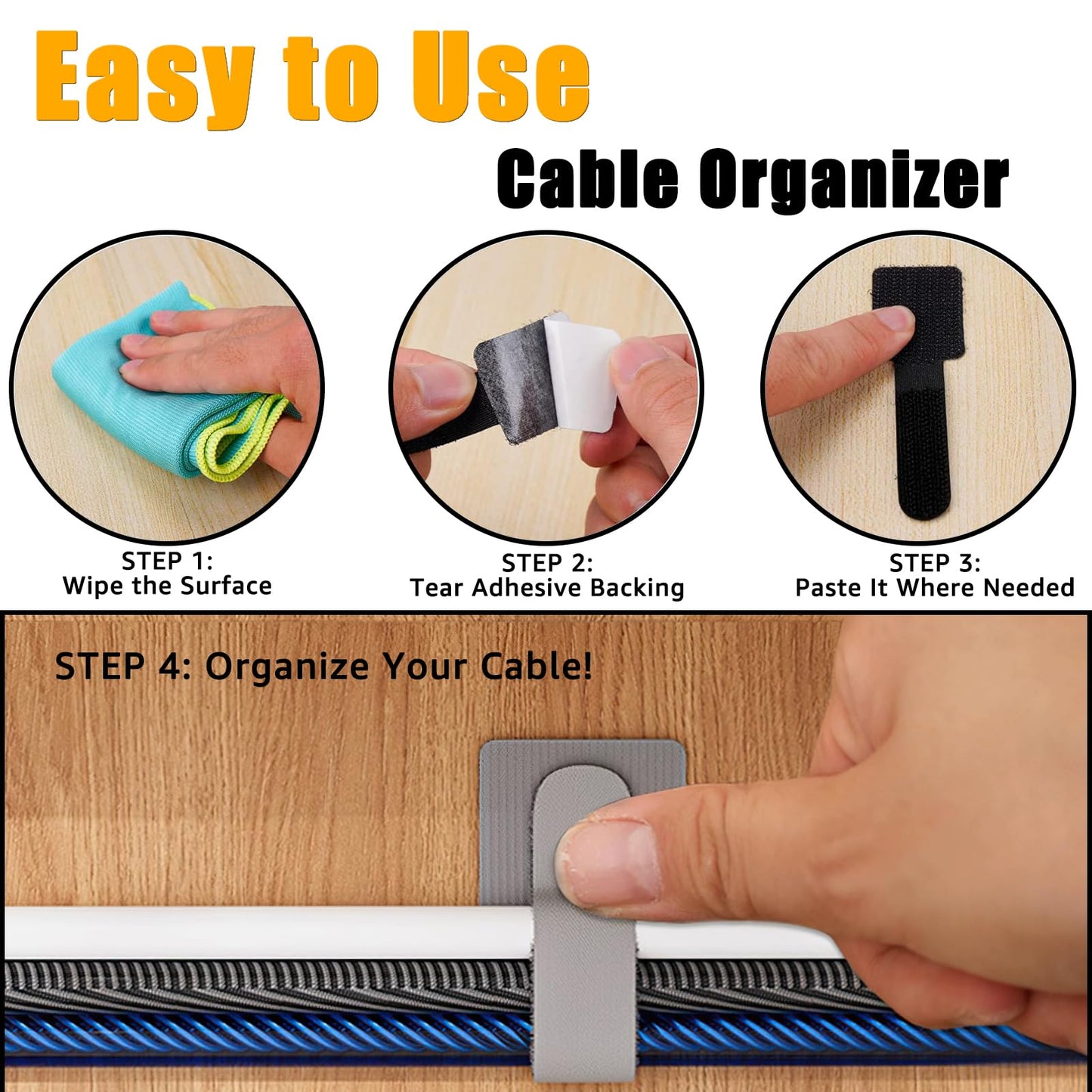 80PCS Hook and Loop Cable Straps, Cable Management Under Desk, Adhesive Cable Ties, Reusable Wire Organizers for Cords, Cords Management, Computer Accessories for Desk, Home Office Essentials, Black