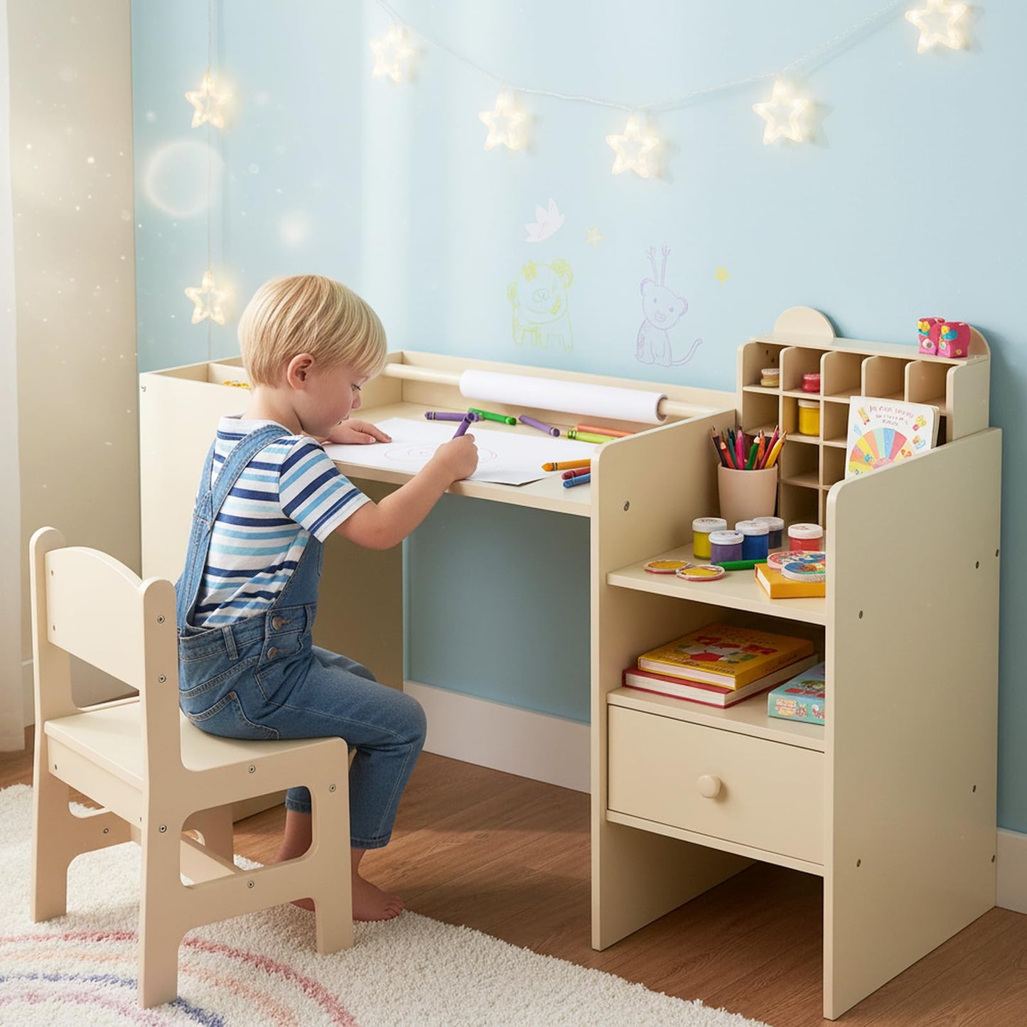 INFANS Kids Study Desk and Chair Set, Wooden Learning Table with Storage Hutch, Drawer, Paper Roll, Round MDF Student Furniture for Writing, Drawing, Ages 3+