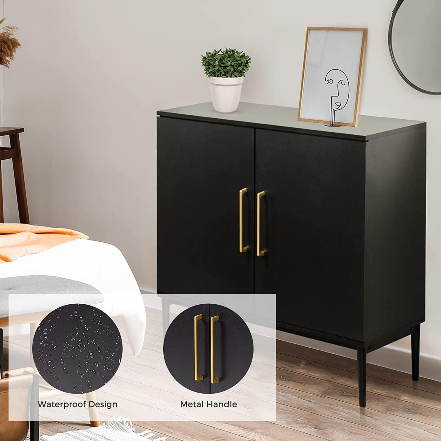 REHOOPEX Set of 2 Storage Cabinet with Doors, Modern Black Accent Cabinet, Free Standing Cabinet, Wooden Buffet Sideboards for Living Room, Kitchen, Home Office