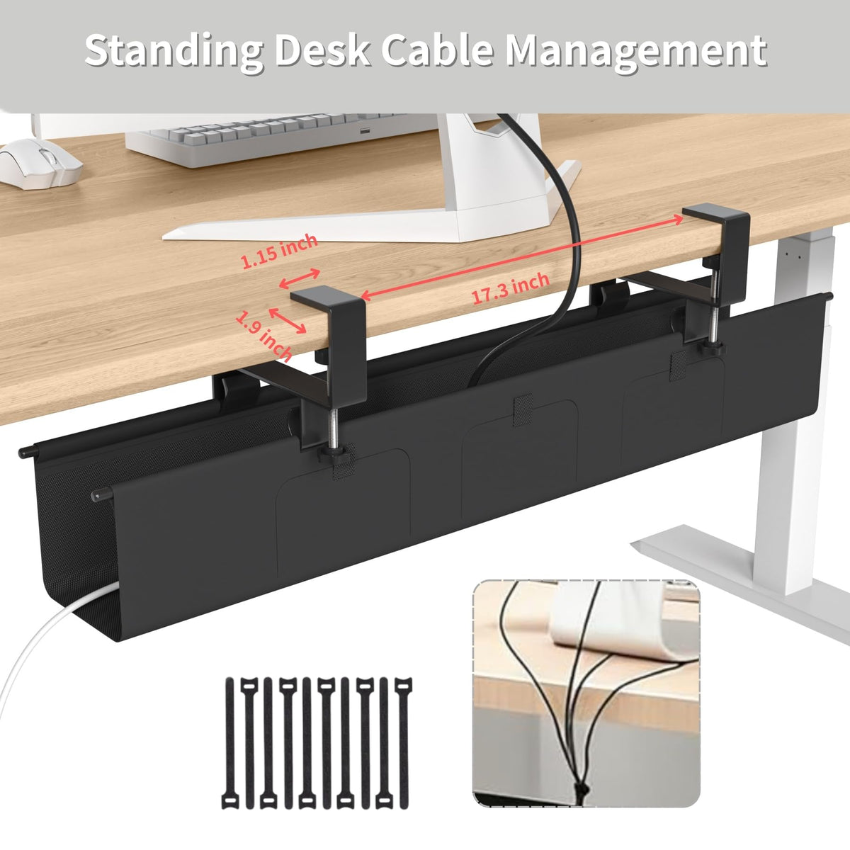 Nyoria Under Desk Cable Management Tray, 36” Fabric No Drill Clamp Mount Cord Organizer for Desk, Heavy Duty Wire Management for Office Home, Black