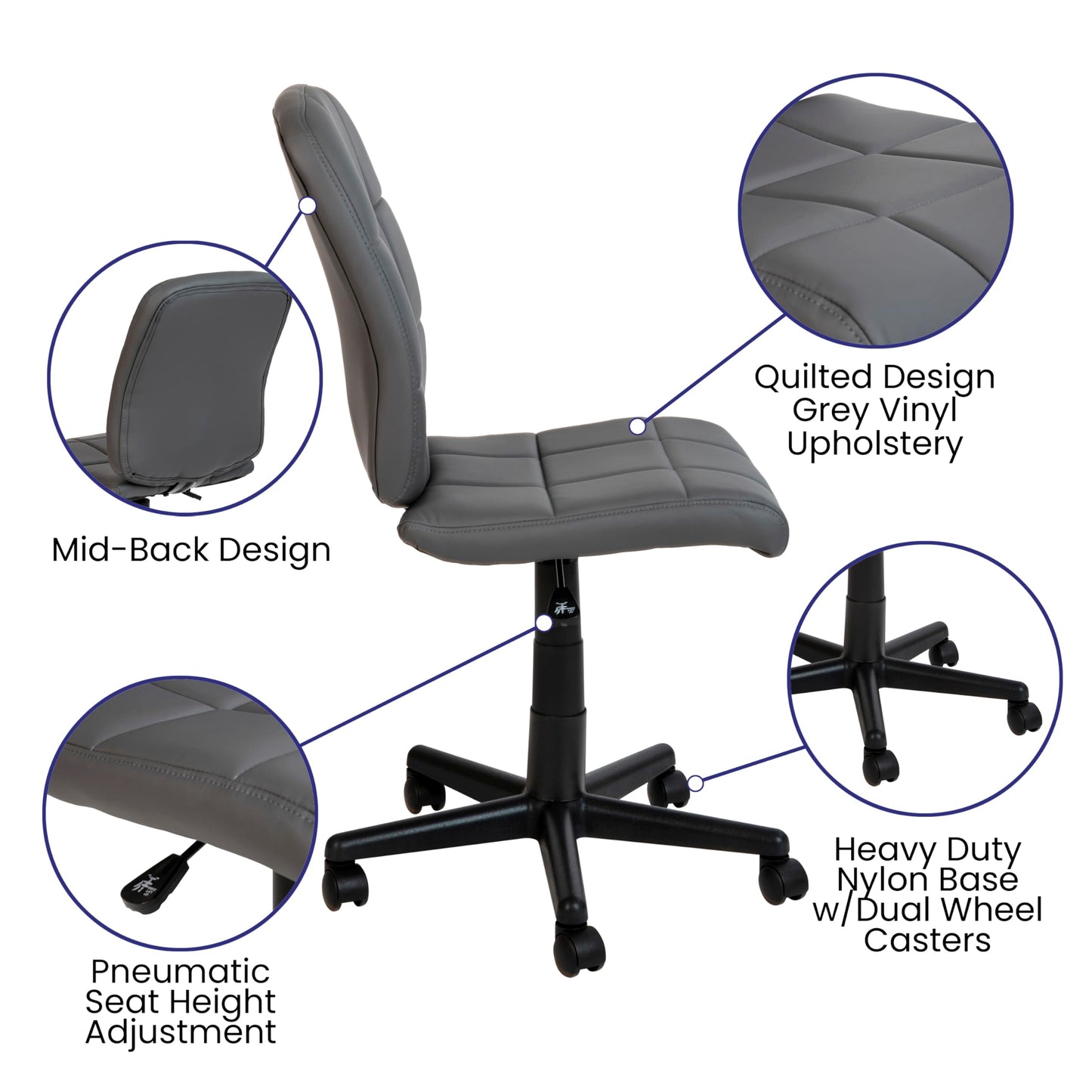 Flash Furniture Clayton Mid Back Swivel Task Chair - Gray Vinyl Upholstery - Tufted Back and 360° Swivel