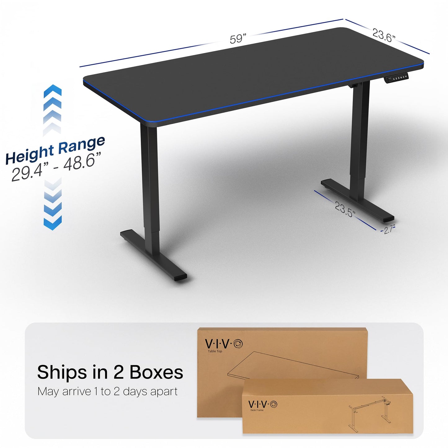 VIVO Electric 60 x 24 in Standing Desk with Full-Size RGB Mouse Pad, Memory Height Adjustment, 1B Series, Holds 220 lbs, Black Top Black Frame, DESK-KIT-1B6BP-24