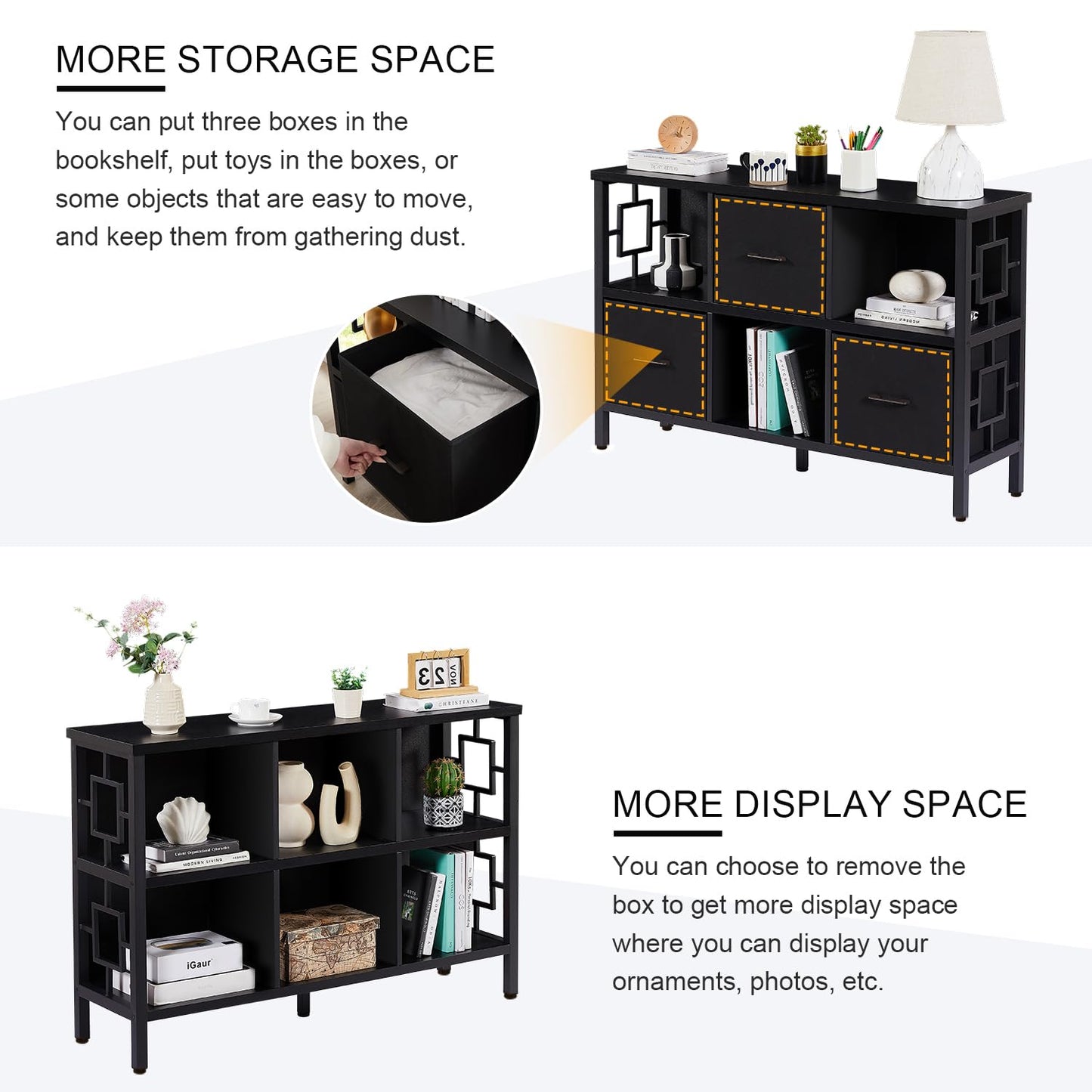 HOMISSUE 6 Cube Storage Organizer Shelf, Rustic Short Bookshelf with 3 Storage Bins, Industrial Horizontal Bookshelf with Metal Frame, Low and Wide Cube Bookcase for Living Room and Office, Black