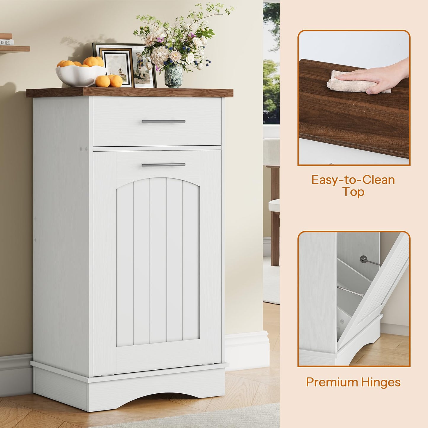 HOOBRO 10 Gallon Tilt Out Trash Cabinet, Kitchen Trash Can,Trash Bin Storage, with Flip Door and Large Drawer, Hidden Laundry Hamper Cabinet, for Kitchen, Laundry, White and Walnut WH02LJ01