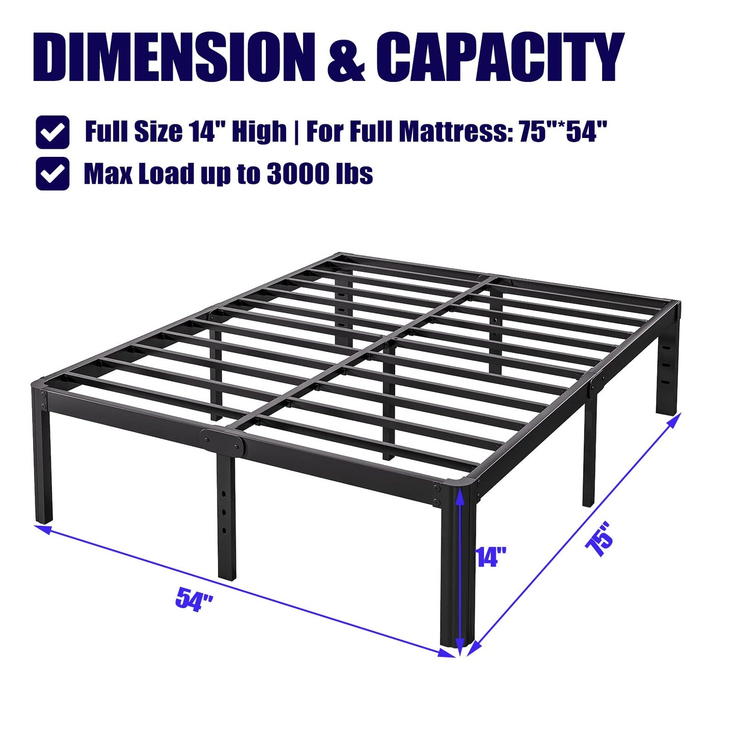 Hunlostten 14in Full Size Bed Frame No Box Spring Needed, Heavy Duty Metal Platform Bed Frame Full with Round Corners, Easy Assembly, Noise Free, Black