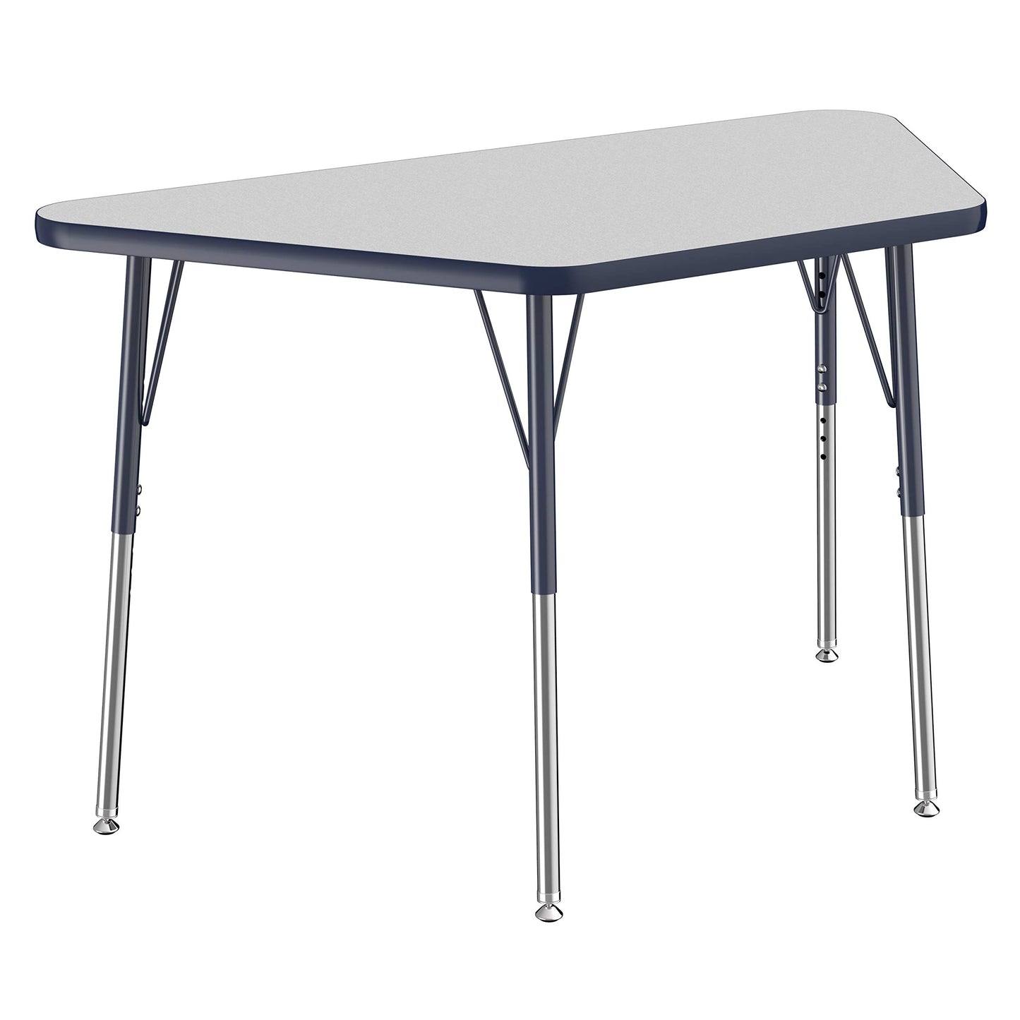 FDP Trapezoid Activity School and Office Table (24 x 48 inch), Standard Legs with Swivel Glides for Collaborative Seating Environments, Adjustable Height 19-30 inches - Gray Top and Navy Edge