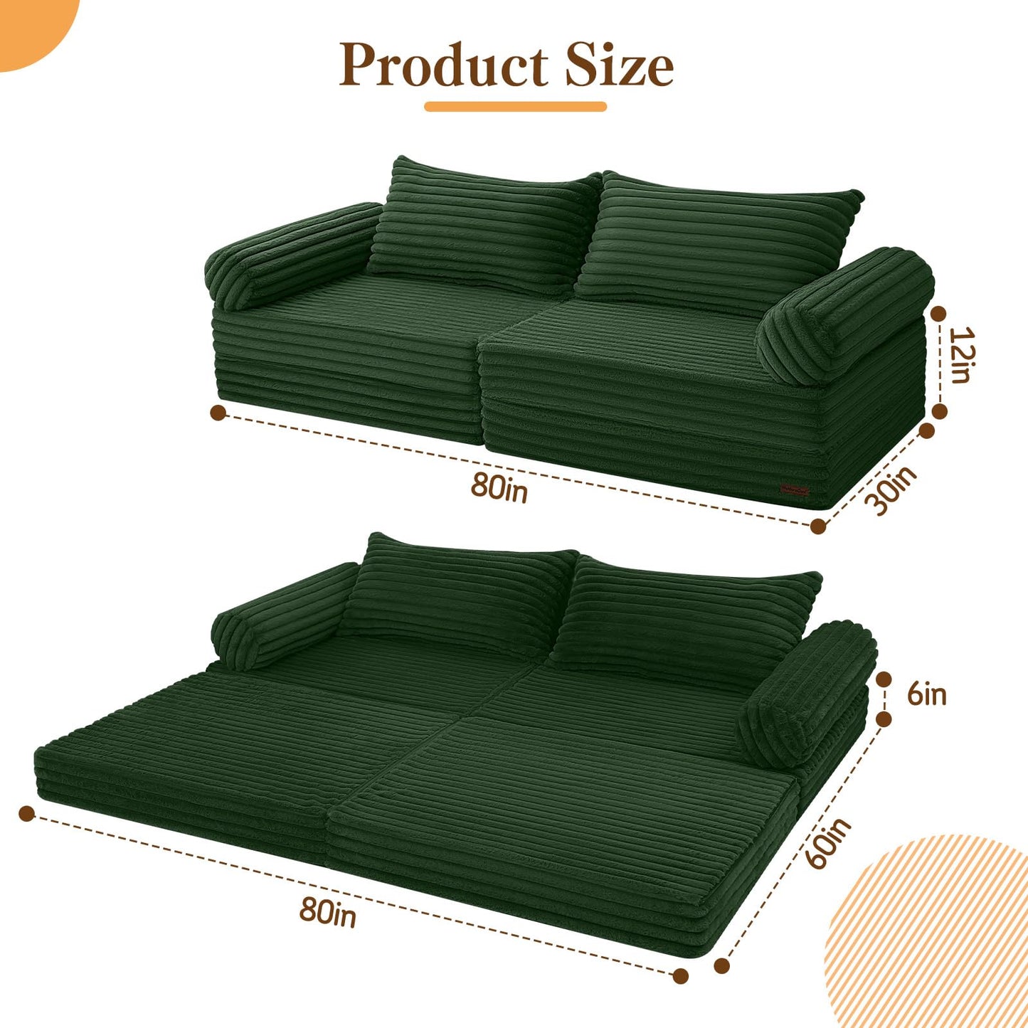 MeMoreCool Convertible Sofa Bed, Folding Floor Couch Bed Queen, Pull Out Sleeper Couch with Pillows, Fold Out Futon Sofa for Bedroom Living Room Small Space, Corduroy Green